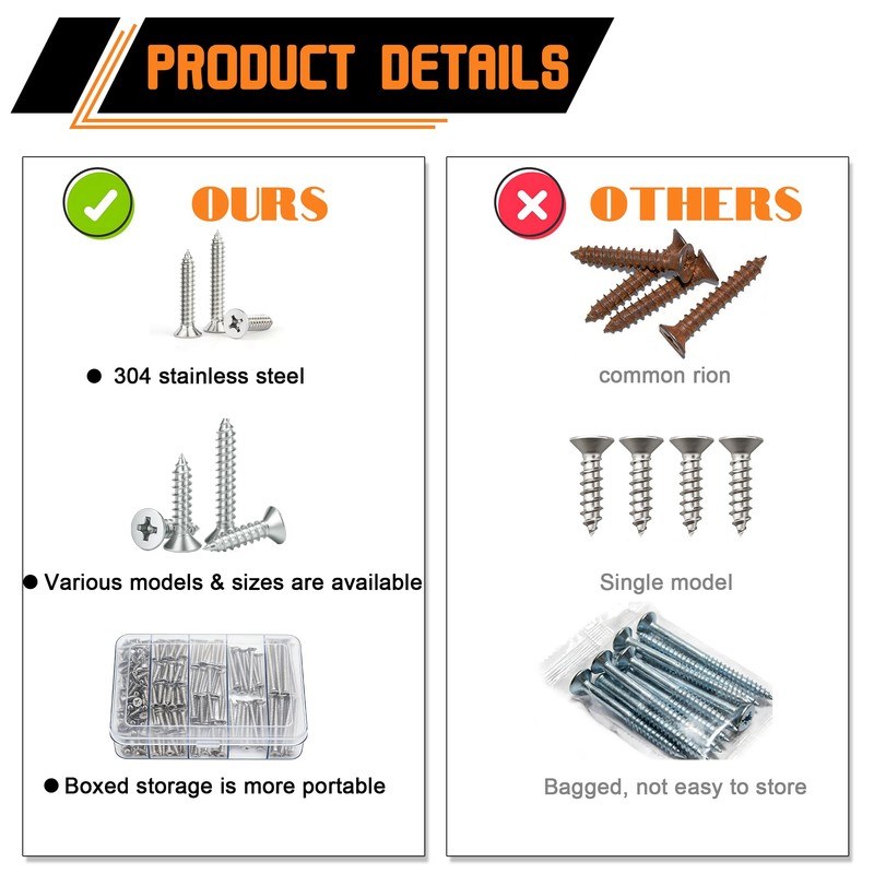 Dianrui 200 PCS 304 Stainless Steel Screws, #8 Wood Screws