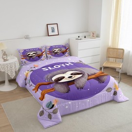 Feelyou Sloth Comforter Set Kids Cute Sloth Bedding Set Tree Branches Comforter for Women Men Room Decor Lightweight Purple Quilt Set with 1 Pillow Case