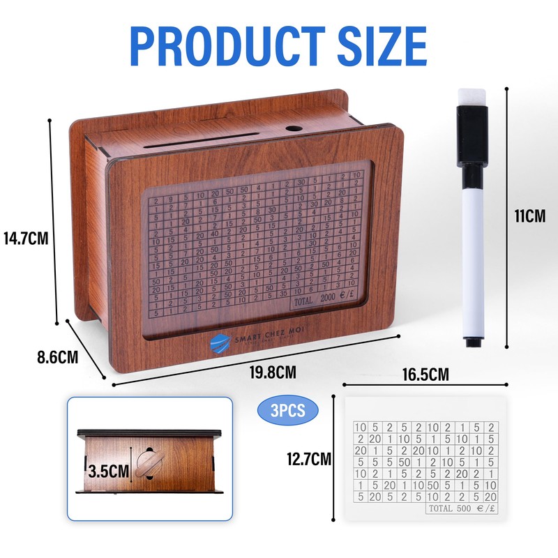 Wooden Money Box, Money Box with Counter, 3 Cards Savings