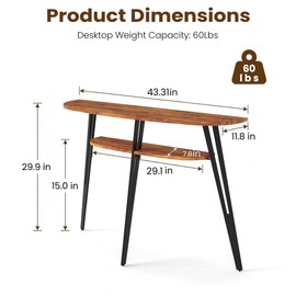 Half Moon Table for Entryway, Narrow Console Table with Shelf Walnut