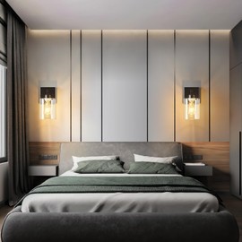 LIANGMH Modern Glass Wall sconces Set of Two with Seeded LED Bathroom Light Fixture Black Vanity Lights for Stairs Hallway Bedroom Living Room Sconces Wall (2 Pack)