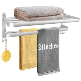 Vanloory Towel Rack for Bathroom, Bath Towel Holder with Double Towel Bar and Fold-able Towel Shelf, Rustproof Towel Organizer Wall Mounted Towel Storage Hanger for Bath/Balcony/Lavatory(24In Sliver)
