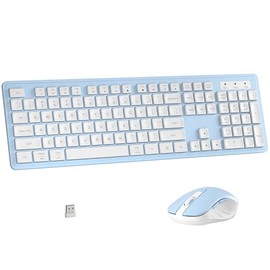 MPTOG Wireless Keyboard and Mouse Combo, Full-Size 104-Key Office Keyboard with 15 Function Keys, Numeric Keypad, Single USB Receiver, Compatible with PC and Laptop(Blue White)