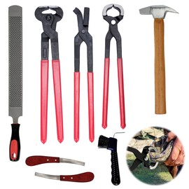 Gtouse 8Pcs Farrier Hoof Tool Kit Horse Hoof Trimming Tools Farrier Hoof Nippers, Horseshoe Cutting Pliers, Hoof Rasp File, Horseshoe Brush, Hoof Knife, Hoof Hammer for Horses Cattle Sheep Donkeys