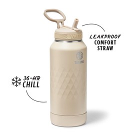 Takeya Sport 32 oz Triple-Insulated Stainless Steel Water Bottle, Straw Lid – Leakproof, Sweatproof, BPA-Free, Keeps Drinks Cold 36 Hrs, Hot 14 Hrs – Almond