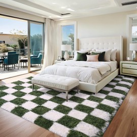 FALARK Soft Rug for Bedroom, 6x9 Olive Green and White Area Rug Classic Checkered Shaggy Rug Anti-Skid High Pile Soft Fluffy Rug Fuzzy Carpet for Living Room Bedroom Kids Room Nursery, Dorm Home Decor