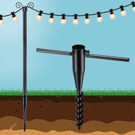 EUIJOIP 10FT String Light Poles with Spiral Ground Stakes, 38mm Adjustable Height Rustproof Metal Posts for Garden Lawn Patio, Christmas Wedding Party Outdoor Decoration (Black, 1 Pack)