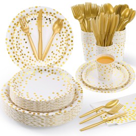 Fijinhom White and Gold Dot Paper Plates Set, 175 PCS Party Supplies, Disposable Dinnerware Set for 25 Guests, Gold Dot Paper Plates Napkins Cups Gold Plastic Forks Knives Spoons for Christmas
