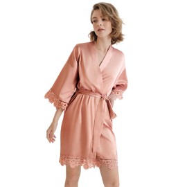SIORO Women's Satin Robe Lace Silk Kimono Robes Short for Bridesmaid Wedding Party Nightgown, Rose Pink, Large