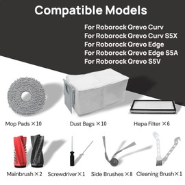 38 Pack Replacement Accessories for Roborock Qrevo Curv/Curv S5X/Edge/S5V Robot Vacuum Cleaner ,2 Pairs Mainbrush ,6 Filters ,10 Dust Bags,10 Mop Pads ,8 Side Brushes,1 Cleaning Brush,1 Screwdriver