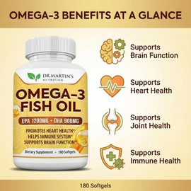Omega 3 Fish Oil 3750mg Triple Strength | EPA 1200mg + DHA 900mg Fatty Acids | Fish Oil Omega 3 Supplement | Promotes Healthy Heart, Immune System, Eyes, Skin & Brain Function | 180 Burpless Softgels