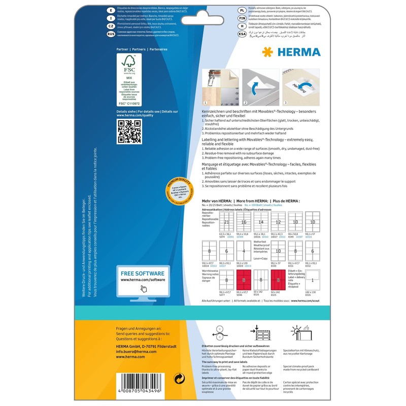 HERMA 4349 Universal Etiketten ablösbar, 25 Blatt, 96 x 50,8