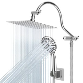 Hibbent All Metal Shower Head,High Pressure Rainfall Shower Head,with Handheld Combo - Square 8''-Chrome