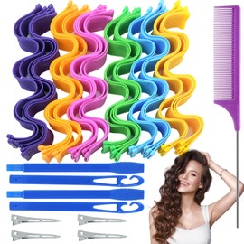 MSIHEY 30 Stück Lockenstäbe für langes Haar ohne Haarschädigung + 4 High Top Haarspangen + 1 Beauty-Kamm + 2 Styling-Haken, Spiral-Lockenwickler-Styling-Set ohne Hitze und ohne Haarschädigung
