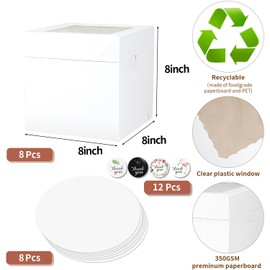 PFAMKEER 16pcs 8x8x8 Inches Cake Boxes,8pcs White Bakery Boxes with Window and 8pcs Boards,Cajas storage for 8 inch Cake box, Disposable Pie Box, Father's Day,Wedding, Birthday, Party
