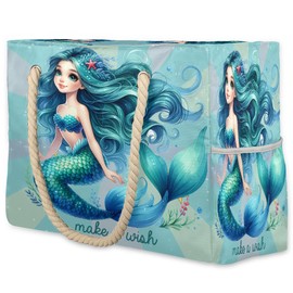 ModaQua Mermaid Lovely Blue Beach Bags Waterproof Sandproof for Women, Large with Zipper Pool Beach Tote Reusable Grocery Shoulder Bag for Swim Travel Shopping Vacation Picnic