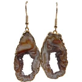 Agate Earrings, Stone Geode Slice w/Center Druzy Crystals, 1"-2" Dangle Gold-Plated Edge, Gift Box