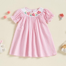 YolanerBaby Toddler Little Baby Girl Easter Bunny Dress Puff Short Sleeve Stripes Smocked Dresses Easter Outfit for Kids (Pink Bunny Floral, 3-4 Years)
