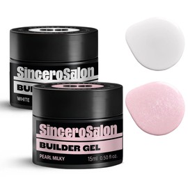 Sincero Salon Solid Builder Gel Set – White & Pearl Milky – Hard Builder Gel for Nail Extension Repair and Strengthening – Self-Leveling Formula – Ideal for Use with Forms – 2x15ml