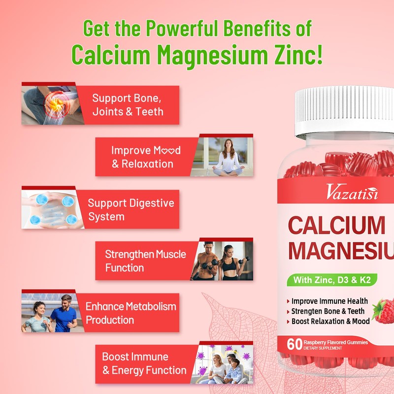 Calcium Magnesium Zinc Gummies with Vitamin D3 & K2, High