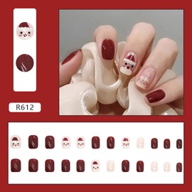Christmas Press on Nails Square Short with Santa Claus Xmas Tree Designs 24Pcs Red Glossy Full Cover Artificial Winter Fake Nails Sets Acrylic False Nails with Glue Stick on Nails for Women and Girls