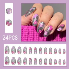 24PCS Silver Glitter Flower Press on Nails Medium Almond Fake Nails Silver Powder Full Cover False Nails with Silver Shiny Purple Pink Floral Designs Artificial Nails Stick on Nails for Women Girls