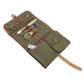 DRAKENSBERG 'Sid' Cosmetic Wash Bag Hanging Foldable Hanging Toiletry Bag Women Men Sustainable Handmade Canvas Leather, olive green, Toiletry bag