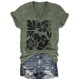 Women's Floral T-Shirts V-Neck Wildflowers Graphic Tees Boho Tops Summer Casual Hawaiian Beach Vacation T Shirts (Green4, M)