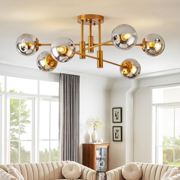 DDLLDESHI 6 Lights Gold Chandelier Globe Glass Cover Sputnik Ceiling