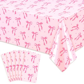 FYSUIMU 6Pcs Pink Bow Tablecloth Cute Bowknot Disposable Table Cover 54 x 108 Inch Plastic Rectangle Table Cloth for Bridal Shower Bachelorette Party Decor Supplies