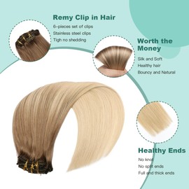 VINBAO 18 Inch Clip in Hair Extensions Color 8 Ash Brown Fading to 60 Blonde Human Hair Extensions Full Head Silky Straight Remy Hair Extensions Human Hair Double Weft 120 Gram 6 Pcs (#8T60-18Inch)