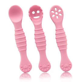 3er Baby Silikon Lernlöffel, Neugeborene-Nesslernlöffel, Starter Breilöffel Set, Fütterlöffel und Zahnungshilfe, Baby Lernbesteck Besteckset, für Säugling Kind Kleinkind ab 4 Monaten(Rosa)