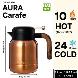 Aura Thermal Coffee Carafe Tea Pot for Keeping Hot & Iced Cold - Vacuum Insulated - Thermos Water Pitcher - Beverage Dispenser - Cool Touch Handle & Lid - BPA Free - 1 Liter - Copper