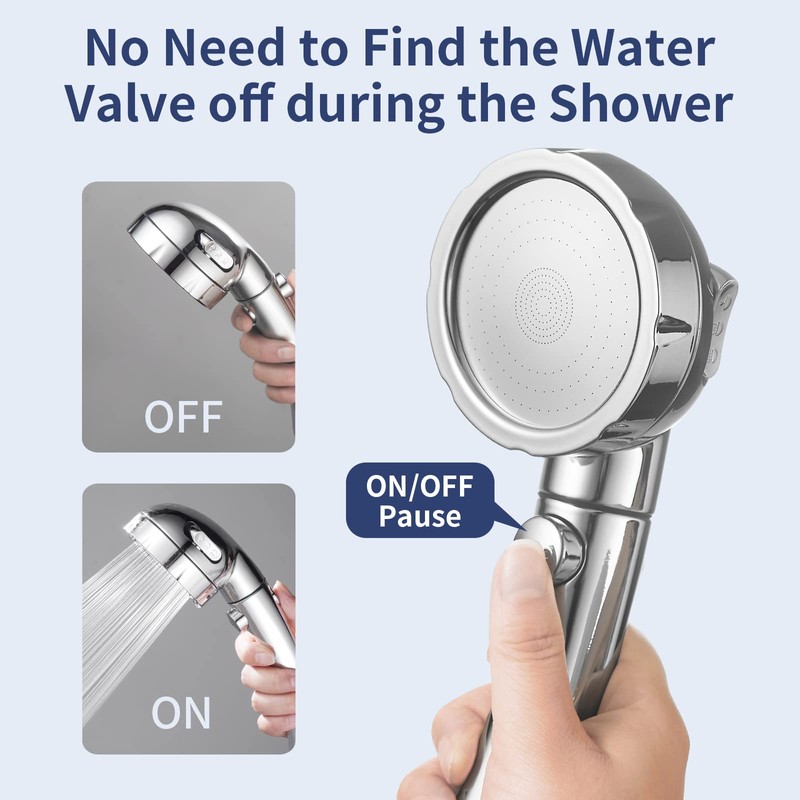 HANLIAN High Pressure Shower Head with Pause Button, 3 Spray