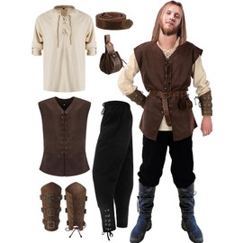 Suhine 6 Pcs Men's Renaissance Costume Set Medieval Vest Shirt Ankle Banded Pants Viking Belt Armband Pouch (Medium)