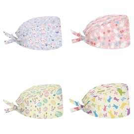 Babrukda 4 Pack Cap with Sweatband Adjustable Tie Back Hat Headgear Xmas Beanie, Floral Easter Day Rabbit, One Size