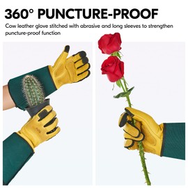 Vgo... Gardening Gloves Long Sleeves in Leather with Touchscreen, Heavy Duty Work Gloves Gauntlet Thorn Proof Antivibration for Men&Women