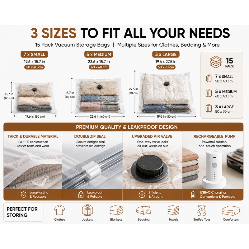 15 Pack Travel Vacuum Storage Bags with Rechargeable Electric Pump,