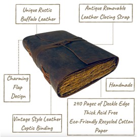 Lined Vintage leather journal - Deckle Edge Rustic Paper - Best for lined Pages Book of Shadows, Grimoire, Junk Notebook, Fantasy medieval gifts, antique Scrapbook, calligraphy, leatherbound (7x5)