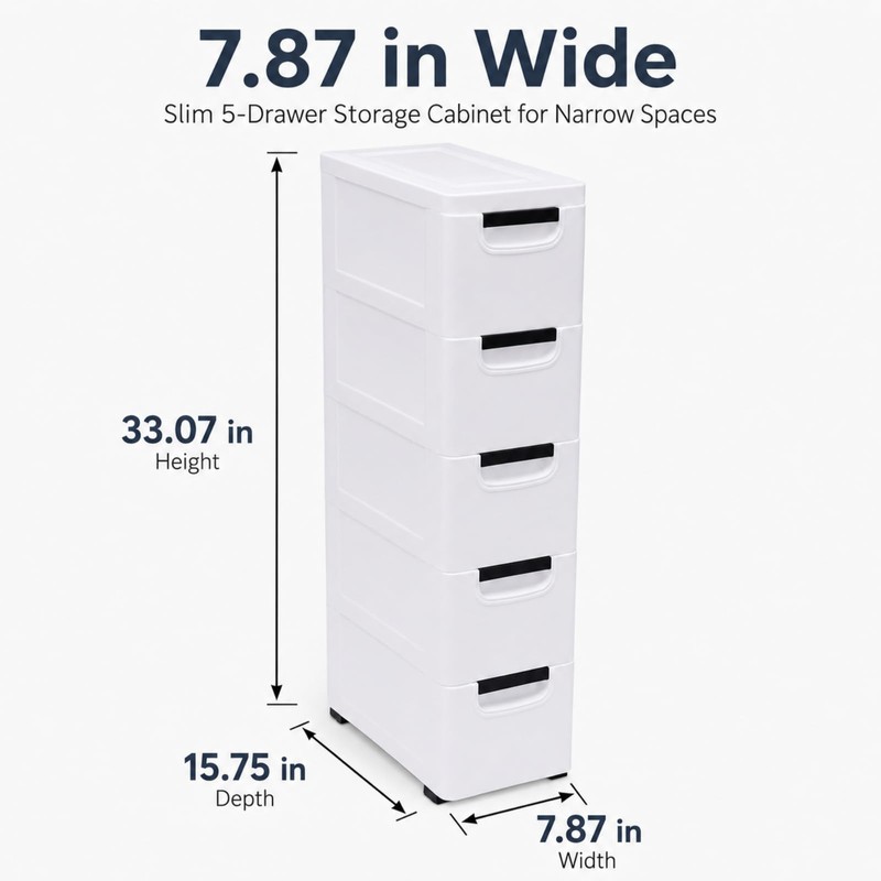 5-Drawer Narrow Storage Cabinet with Wheels, Slim Plastic Storage Drawers