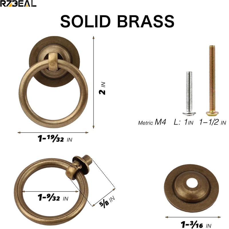 RZDEAL 8 Pack Solid Antique Brass Cabinet Pulls Ring Drawer
