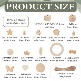 PH PandaHall 150PCS Wooden Beads: 15 Styles, Heart, Cross, Spacer, Unfinished, Round, Cube, Loose, Butterfly, with 20m Jute Cord for DIY Crafts, Macrame, Home Decor