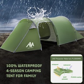 Camping Tents, HIKERBRO Family Tent with 2 Rooms, 3 Persons Motorcycle Tent with Porch & Vestibule for Camping, Waterproof 4 People Large Backpacking Tunnel Tent for Picnic Survival Hiking Traveling