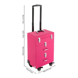 ILWorkTLs Professional 3 in 1 Rolling Makeup Case on Wheels,Nail Organizer Case,Aluminum Cosmetic Train Case for Makeup Artists and Nail Technicians,Pink