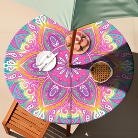 Jobunai Round Fitted Outdoor Tablecloths with Umbrella Hole and Zipper Fall Party Wipeable Dining Table Cover Camper Must Haves Travel Trailer Accessories Family Garden Gift for Sister Grandma Grandpa