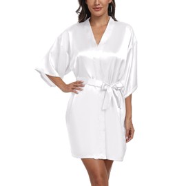 Trek Forte Women's Satin Robe Kimono Dressing Gown Short Bathrobe Bridal Bridesmaids Sleepwear Summer with Belt V-Neck, White
