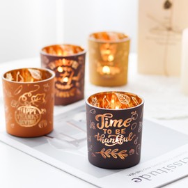 SHMILMH Glass Votive Candle Holders 4PCS Thanksgiving Tealight Candle Holders for Fall Table Centerpiece, Thanksgiving Decorations Indoor or Outdoor Décor