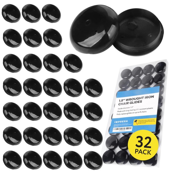 Impresa Replacement Wrought Iron Chair Leg Caps - 32 Pack - Chair Feet Glides for Outdoor Patio Furniture - UV Resistant Plastic - Fits Set of 8 Chairs with 4 Legs (1.5 in)