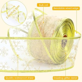 Christmas Tree Ribbon, Christmas Ribbon Glittery Snowflake Organza 2.5 Inch X 11 Yard with Spool, Wired Ribbon for Christmas Decor Gift Packaging Crafts Party Decoration (Gold Ribbon)