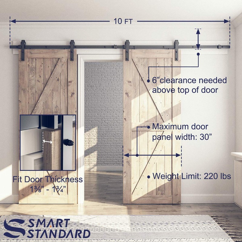 SMARTSTANDARD 10FT Double Barn Door Hardware Kit, Sliding Door Track-Smoothly